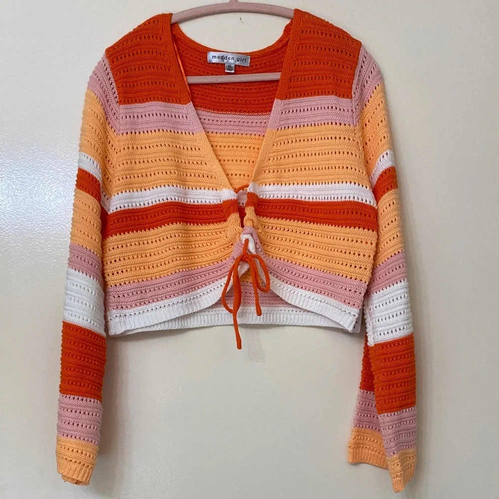 Madden Girl Multicolor Crochet Long Sleeve Top - Picture 2 of 5